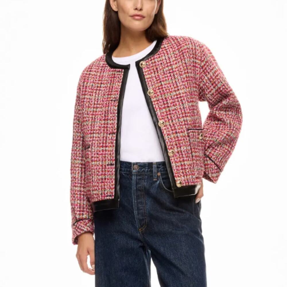 English Factory Tweed Lady Blazer SMALL Boxy Boucle Faux Leather Clueless $210